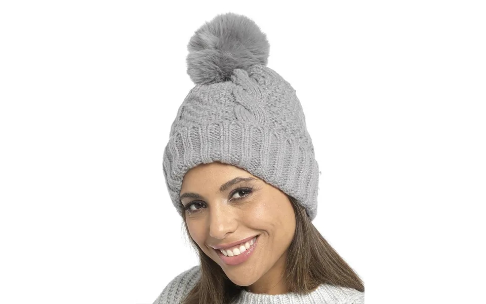 Foxbury Soft Cable Bobble Hat With Pom Pom And Fleece Lining - Grey