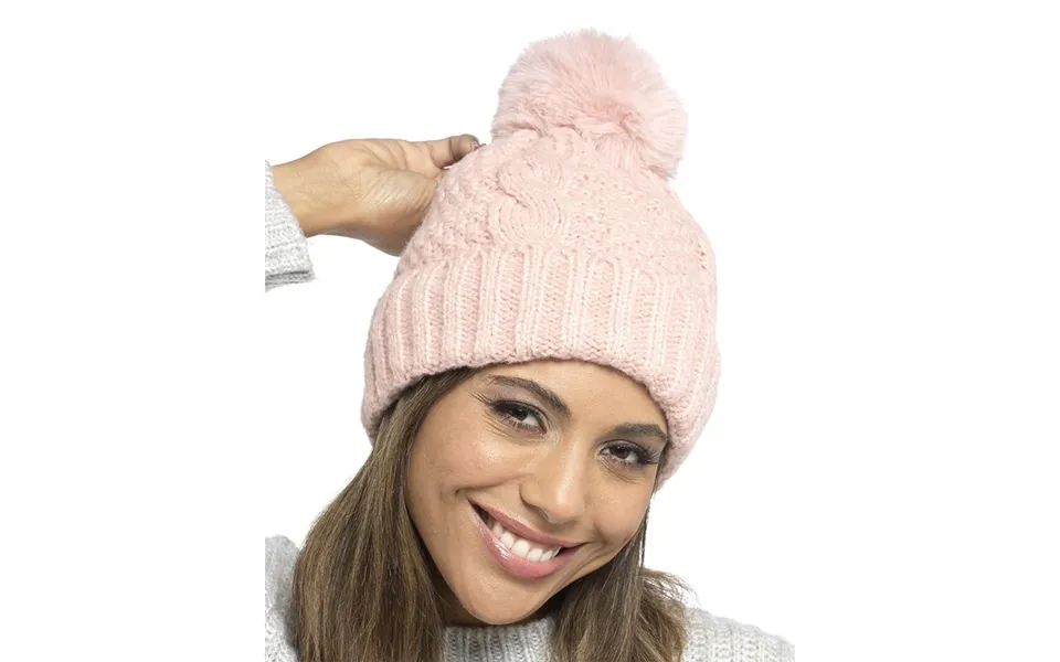 Foxbury Soft Cable Bobble Hat With Pom Pom And Fleece Lining - Pink