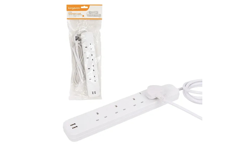 Kingavon 4 Way Extension Lead With 2m Cable & 2 Usb Ports