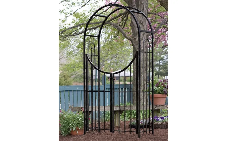 Panacea Sunset Metal Garden Arch With Gate - Black 7'5 X 4'1