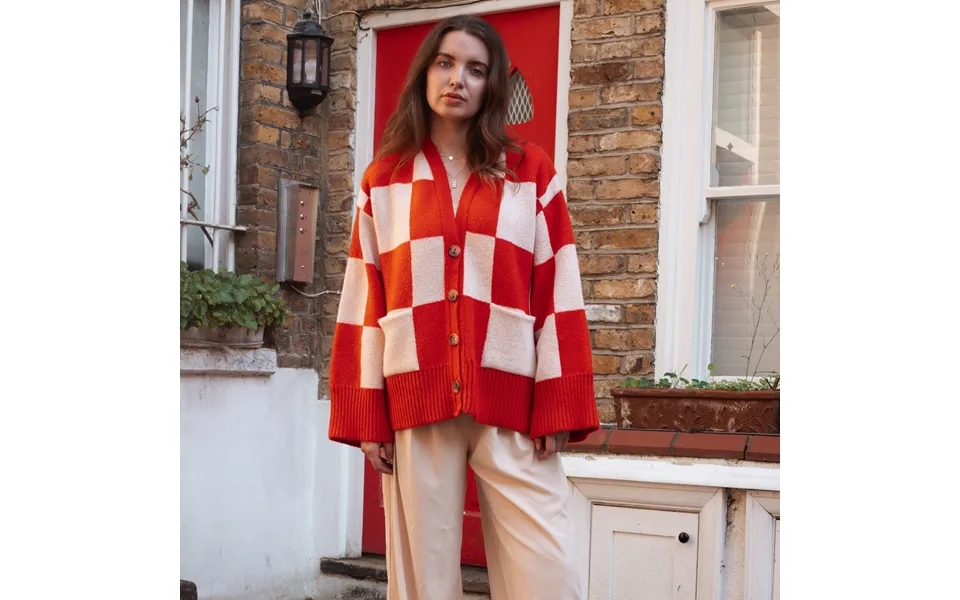 Candice Checked Wide Sleeve Cardigan - Red & White, L