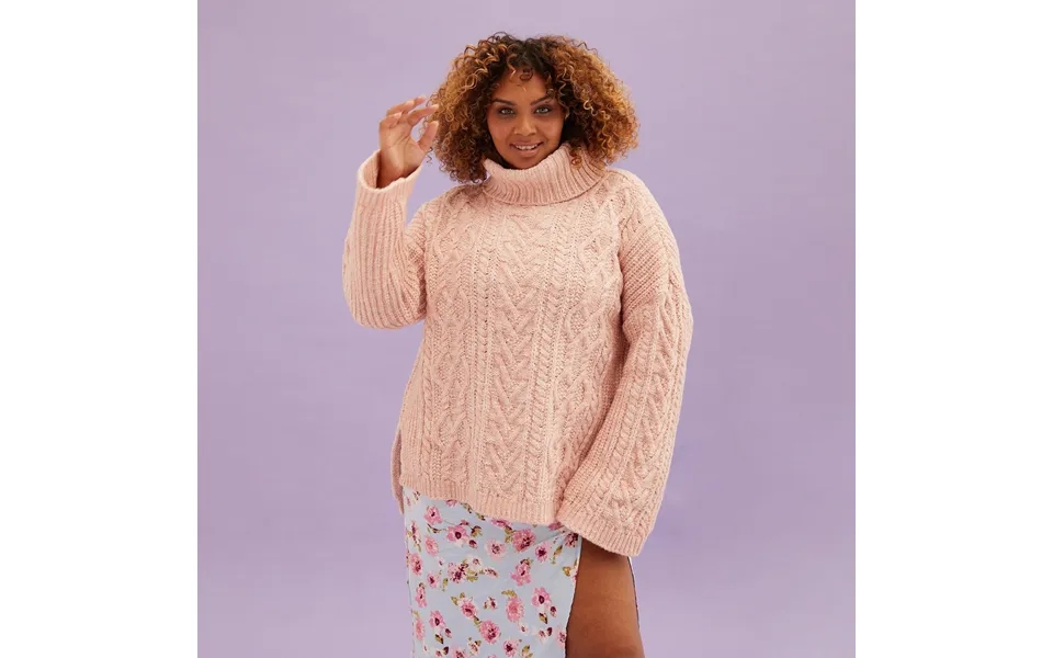 Emily Cable Roll Neck Tunic Jumper - Dusky Pink, Small