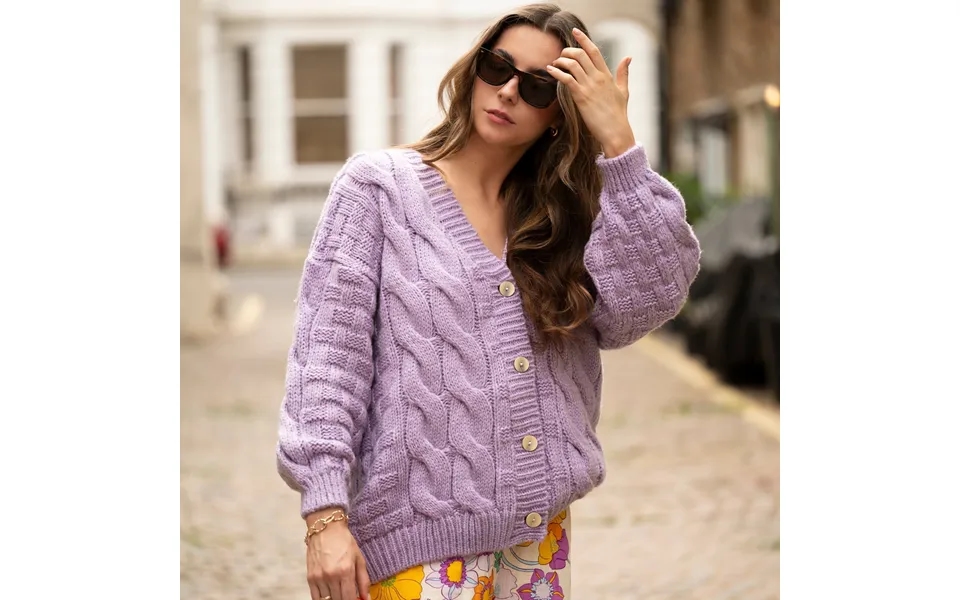 Gemma Basket Stitch Balloon Sleeve Chunky Knit Cardigan - Lilac, Medium