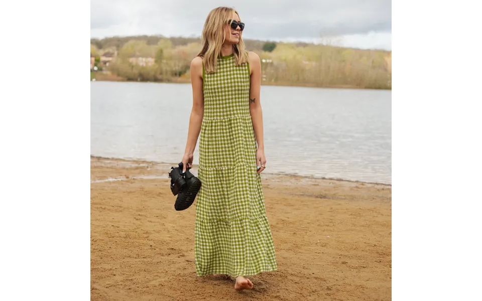 Paula Gingham Cotton Knitted Maxi Dress - Green, Large
