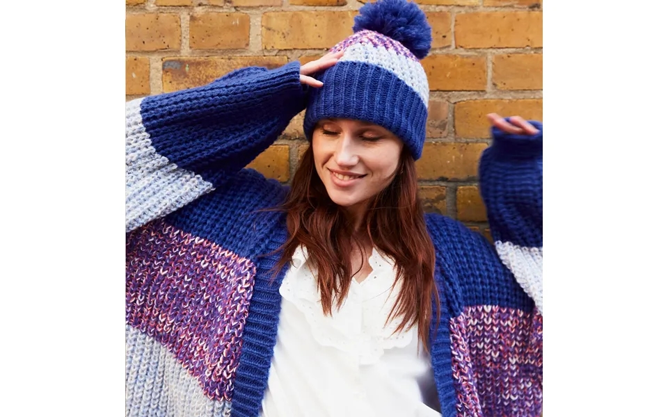 Phoebe Stripe Beanie Bobble Hat - Cobalt Blue