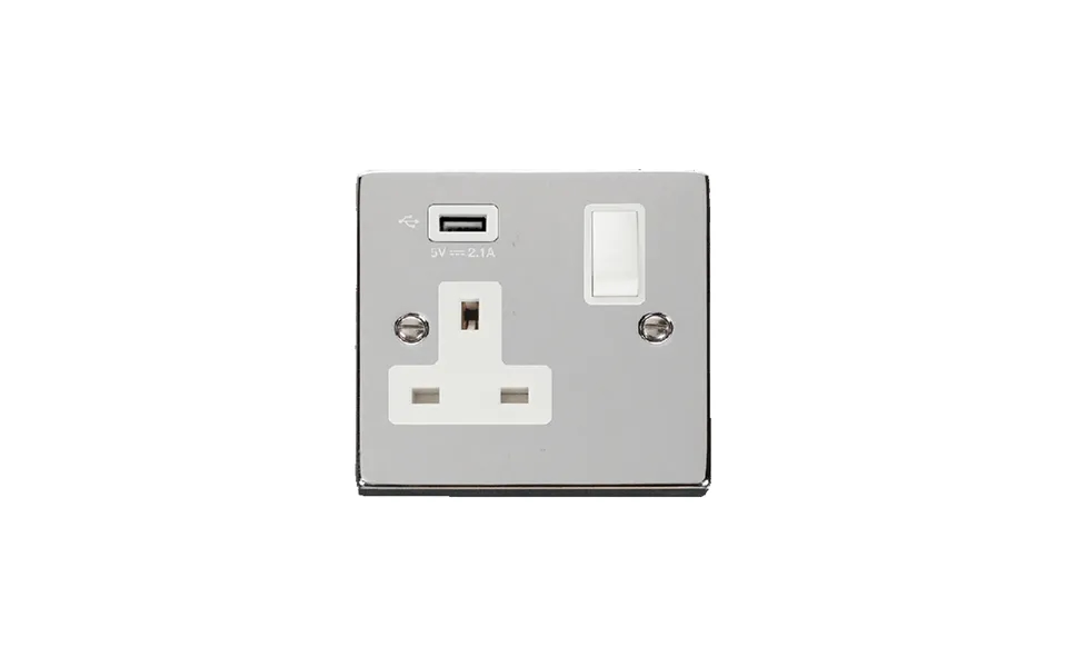 Click Deco 13a 1g Switched Socket With Single 2.1a Usb Polished Chrome Insert White
