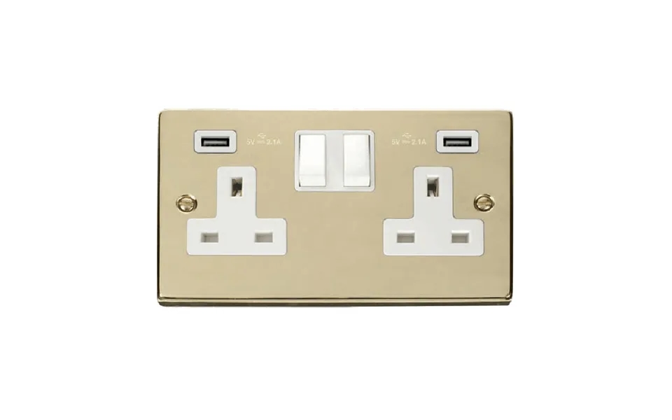 Click Deco 13a 2g Switched Socket With Twin 2.1a Usb Outlets Polished Brass Insert White