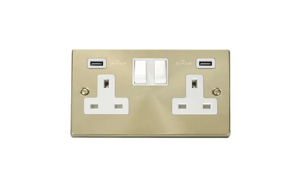 Click Deco 13a 2g Switched Socket With Twin 2.1a Usb Outlets Satin Brass Insert White