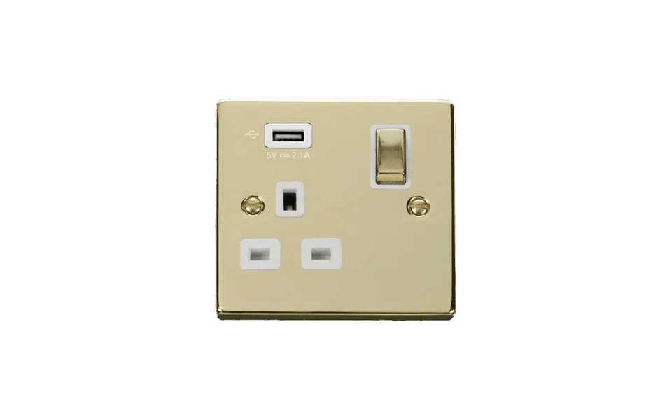 Click Deco 13a Ingot 1g Switched Socket With Single 2.1a Usb Outlet Polished Brass Insert White