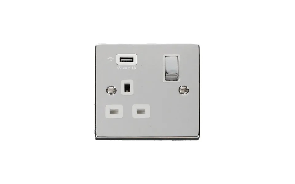 Click Deco 13a Ingot 1g Switched Socket With Single 2.1a Usb Outlet Polished Chrome Insert White