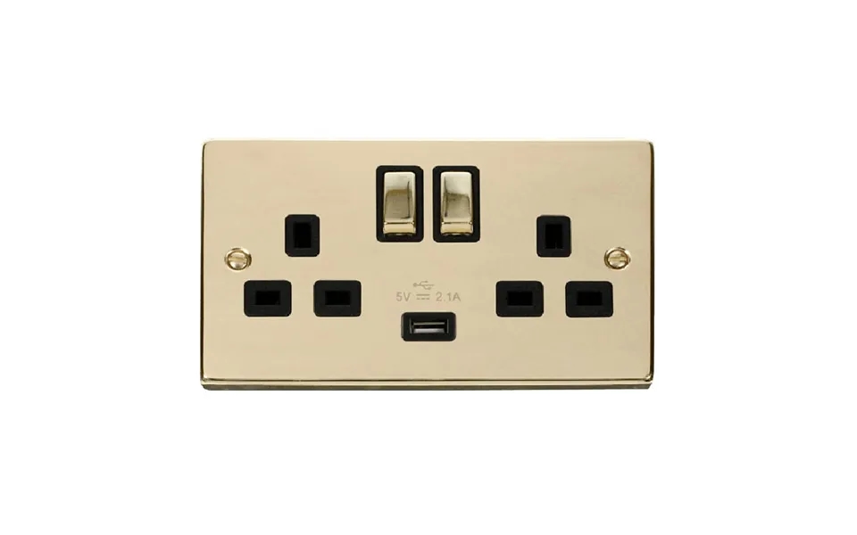 Click Deco 13a Ingot 2g Switched Socket With Single 2.1a Usb Outlet Polished Brass Insert Black