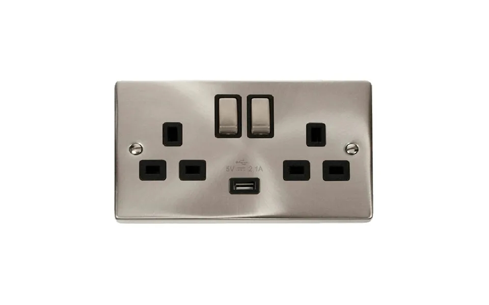 Click Deco 13a Ingot 2g Switched Socket With Single 2.1a Usb Outlet Satin Chrome Insert Black