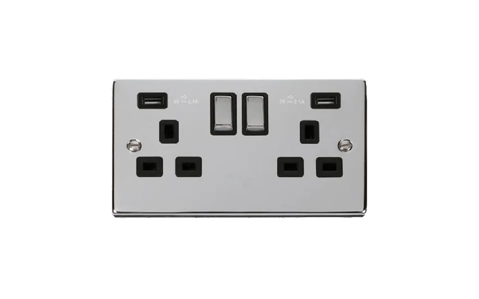 Click Deco 13a Ingot 2g Switched Socket With Twin Usb 4.2a Outlets Polished Chrome Insert Black