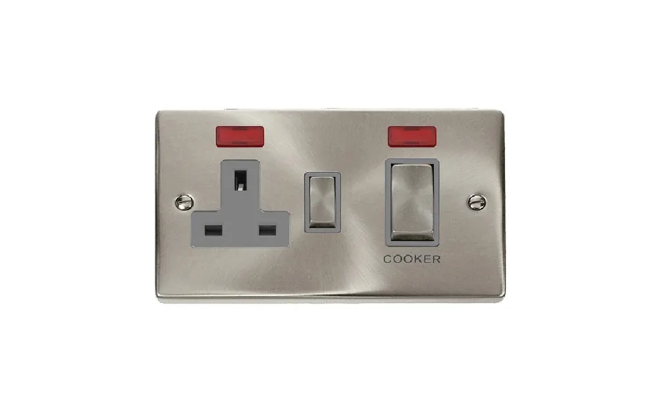 Click Deco 45a Ingot Dp Switch With 13a Switched Socket And Neons Satin Chrome Insert Grey