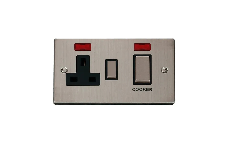 Click Deco 45a Ingot Dp Switch With 13a Switched Socket And Neons Stainless Steel Insert Black