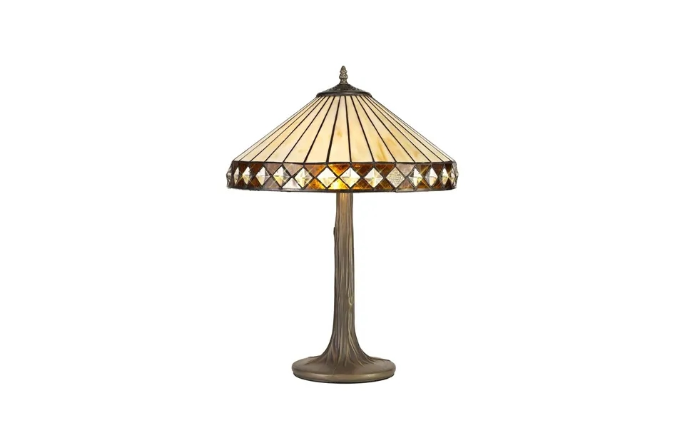Peacock Feather 2 Light Tree Like Table Lamp E27 With 40cm Tiffany Shade Amber Cream Crystal Aged Antique Brass Luxuria