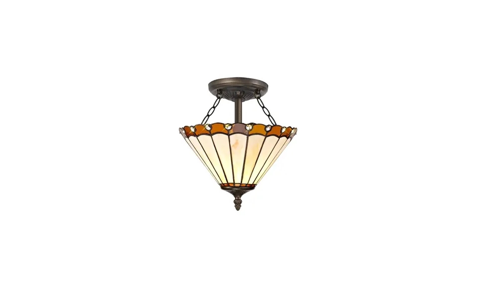 Sleek 2 Light Semi Flush E27 With 30cm Tiffany Shade Amber Cream Crystal Aged Antique Brass Luxuria