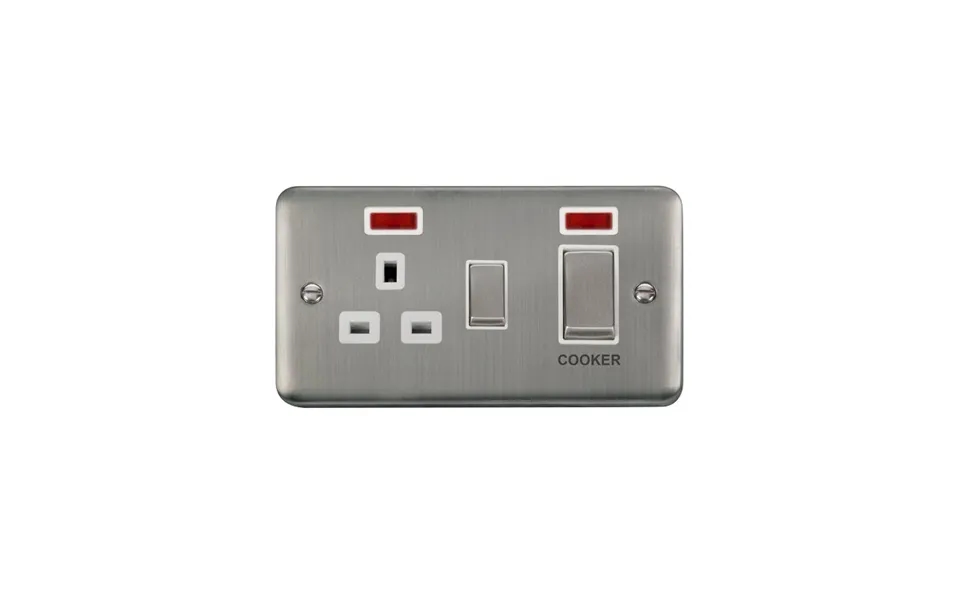 Click Deco Plus 2 Gang Cooker Switch & Socket Stainless Steel White Inserts Neon Light
