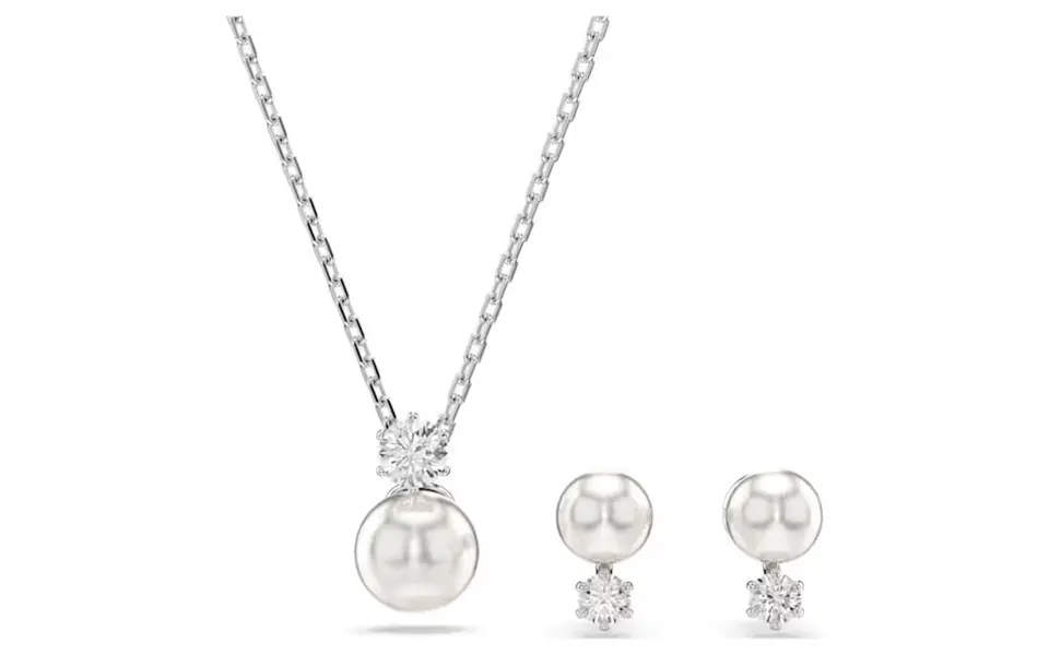 Matrix Necklace & Earrings Pearl Set With Round-cut White Crystal In Rhodium Silver