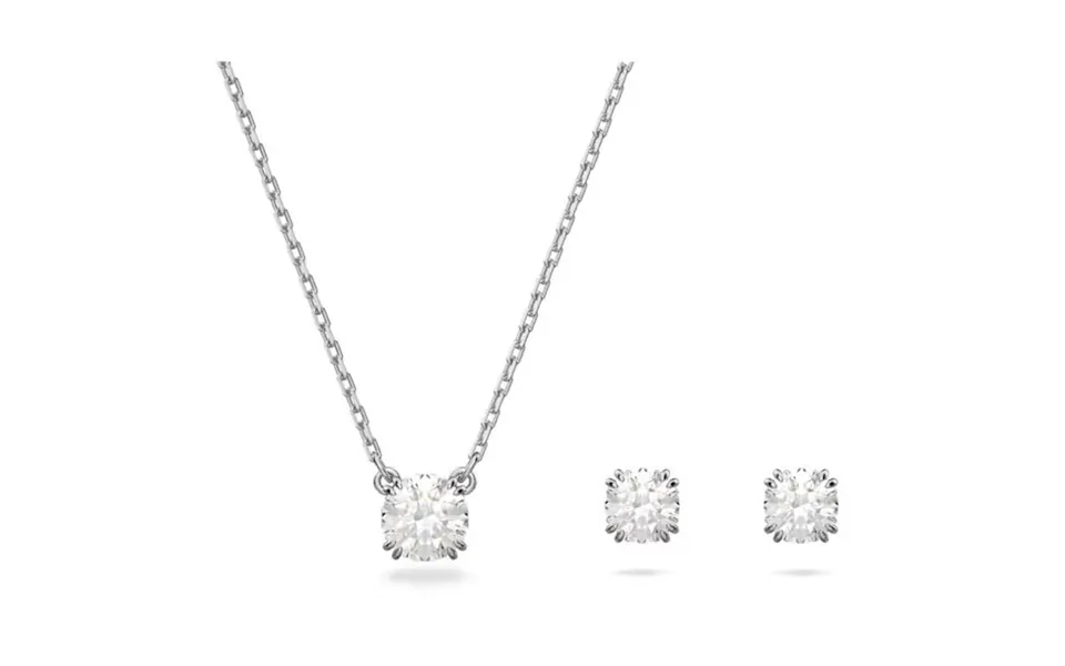 Stilla Necklace & Earrings Set With Round-cut White Crystal In Rhodium Silver
