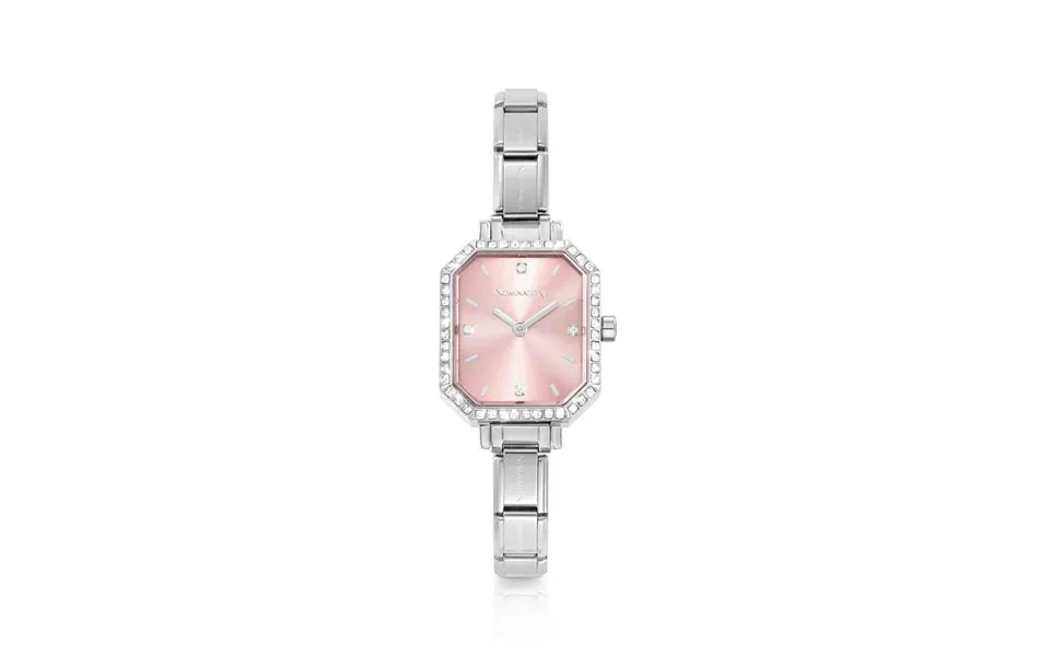Time Paris Rectangle Pink Dial & Silver Charm Bracelet Watch With Cz