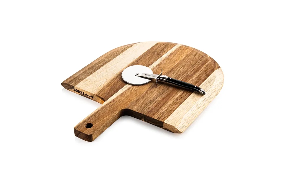 Laguiole Style De Vie Premium Pizza Cutter Black With Serving Board Acacia Wood