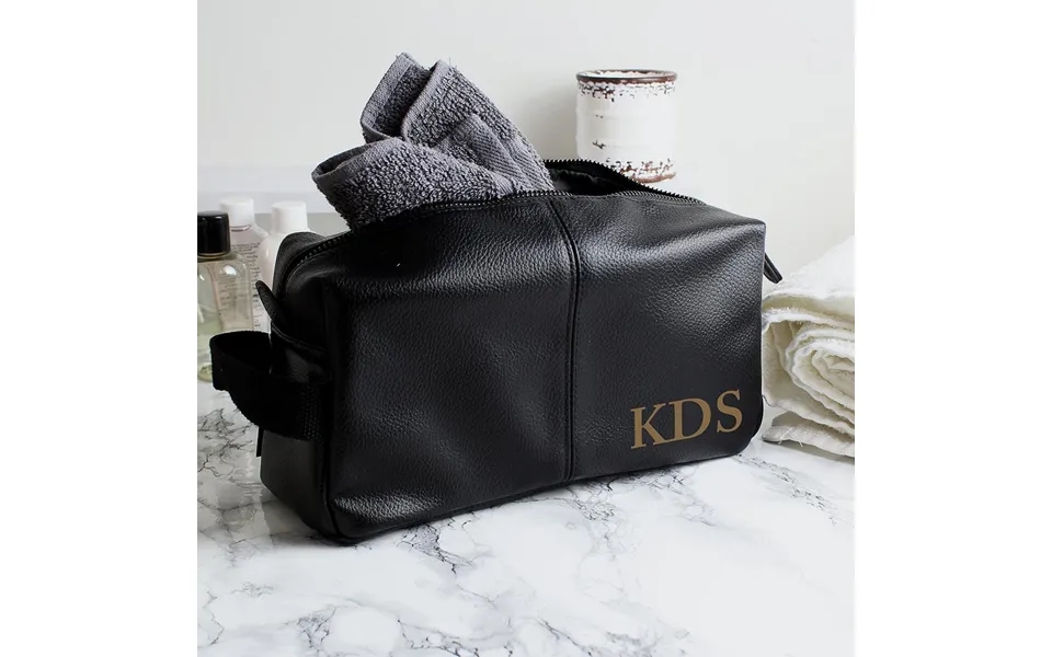Personalised Black Leather Wash Bag
