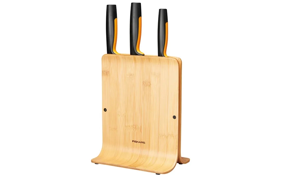 Fiskars Functional Form Knifeblock In Bamboo With 3 Knives 4 Pieces