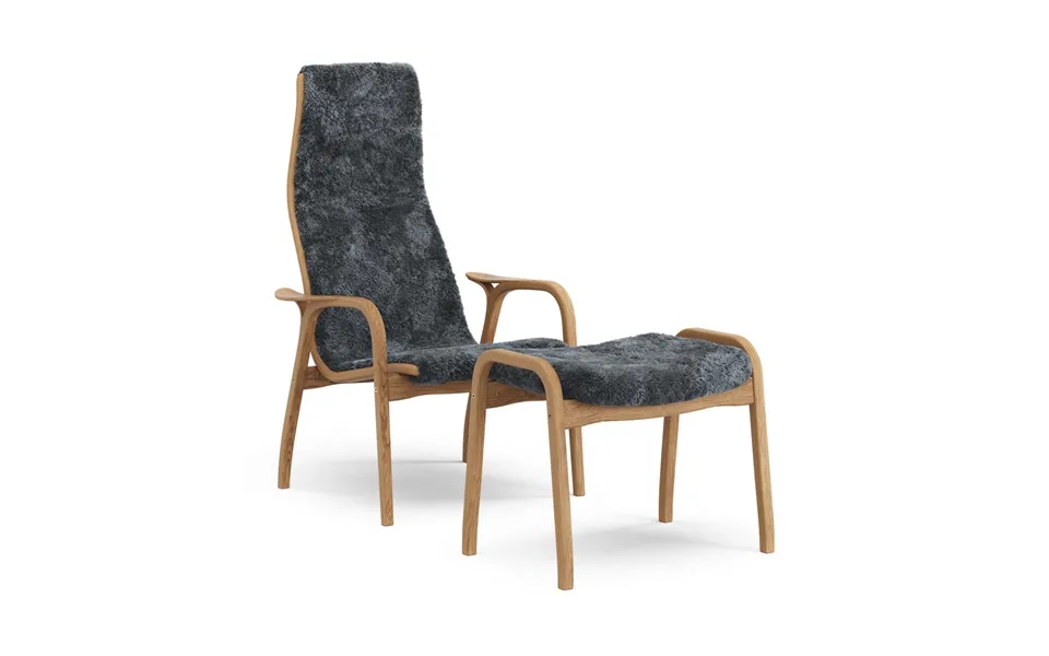 Swedese Lamino Armchair And Footstool Oiled Oak Sheepskin Charcoal Dark Grey