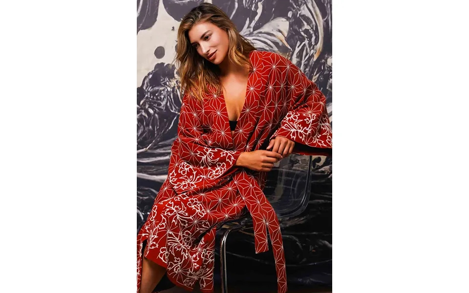 Asanoha & Peony Embroidered Fully Lined Terracotta Fully Lined Long Kimono O S