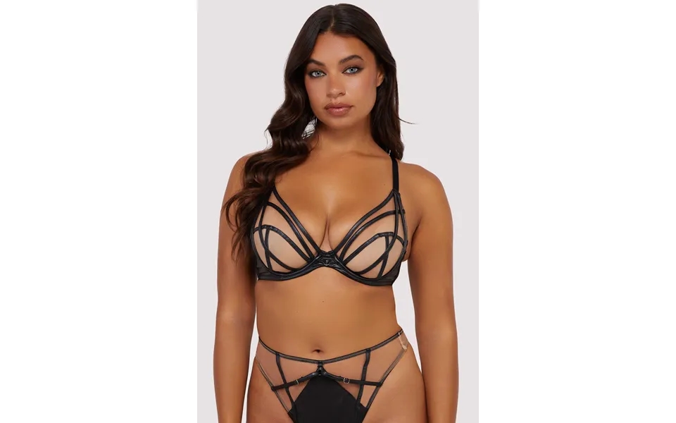 Ramona Black Leatherette Strap Detail Illusion Mesh Bra 44d