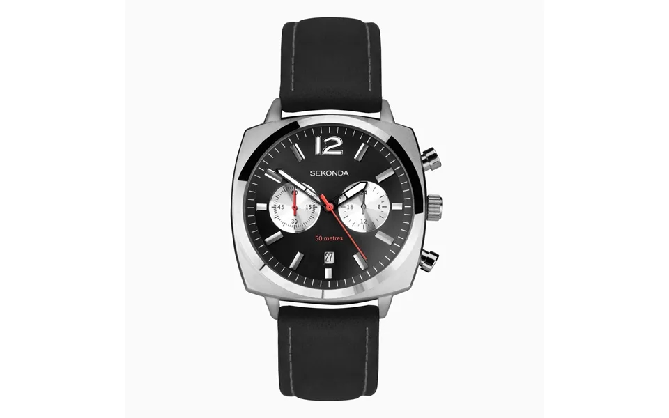 Sekonda Sekonda Airborne Men's Chronograph Watch Silver Case & Black Leather Strap With Black Dial 30028