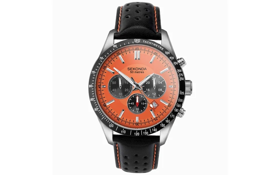 Sekonda Sekonda Velocity Chronograph Men's Watch Stainless Steel Case & Black Leather Strap With Orange Dial 30020