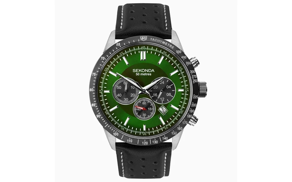 Sekonda Sekonda Velocity Men's Chronograph Silver Case & Leather Strap With Green Dial 1937