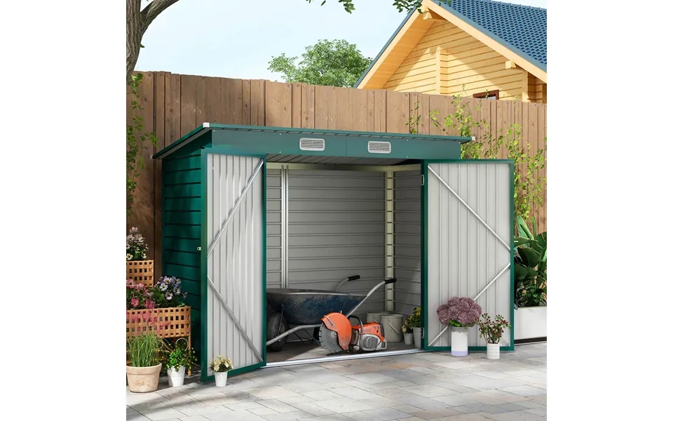 8 X 4ft Metal Garden Storage Shed With Double Doors And 2 Vents Green