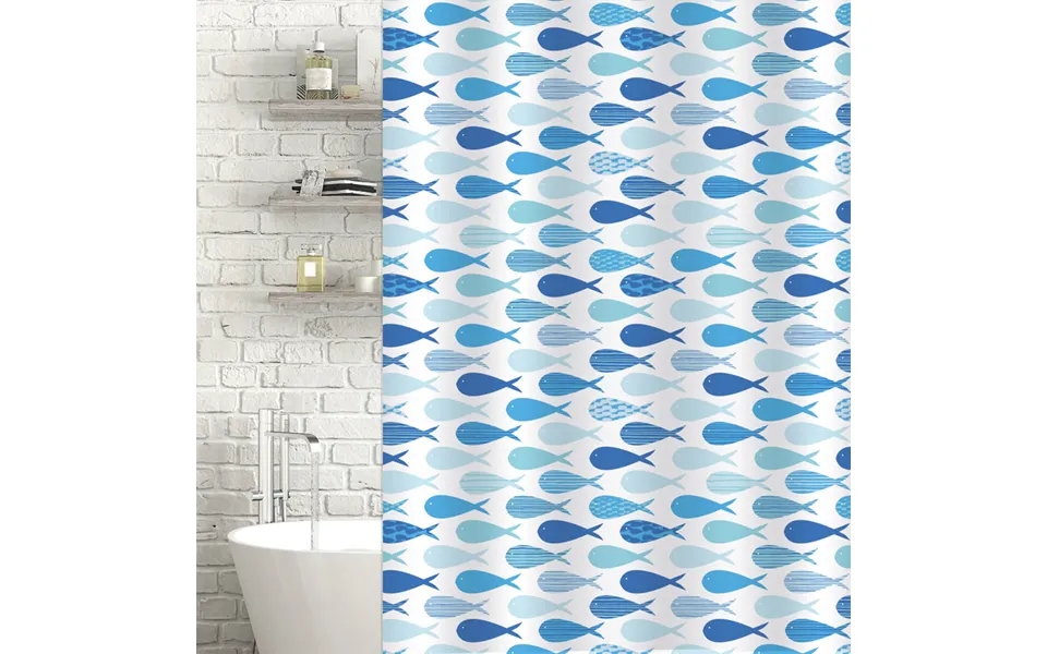 Aquarium White & Blue Shower Curtain With Curtain Rings