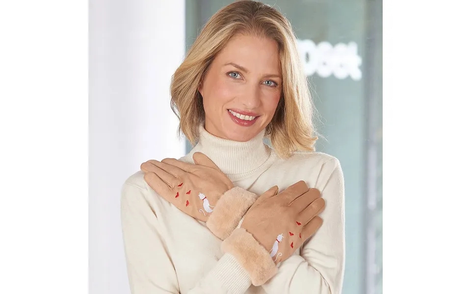 Camel Suede Cat Embroided Gloves