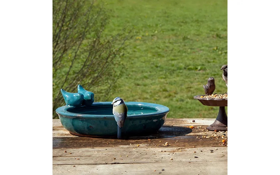 Ceramic Bird Bath Round Petrol Blue