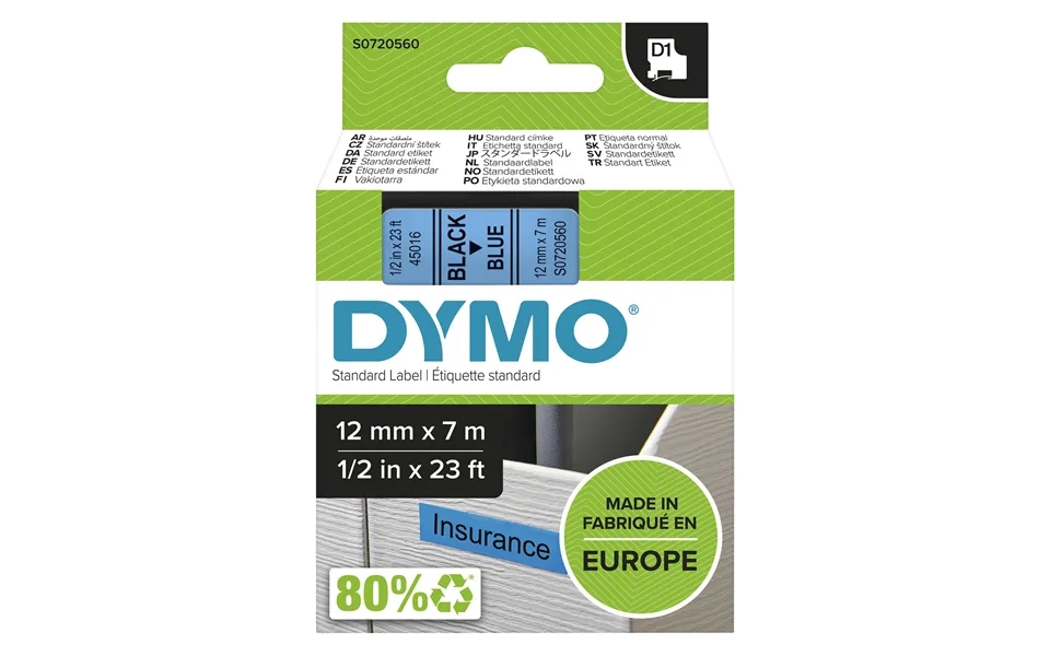 Dymo 45016 S0720560 Directlabel-etikettes Black On Blue 12mm X 7m For