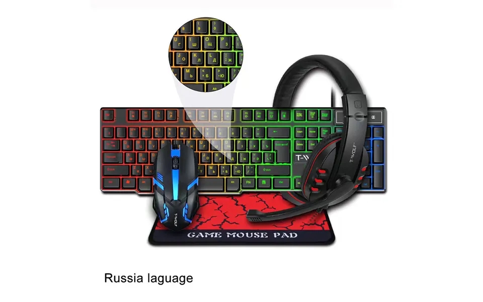 2024 New T-wolf 4 In 1 Keyboard Headset Mouse Pad Wired Game Home Office Set Computer Accessories Luminous Keyboards