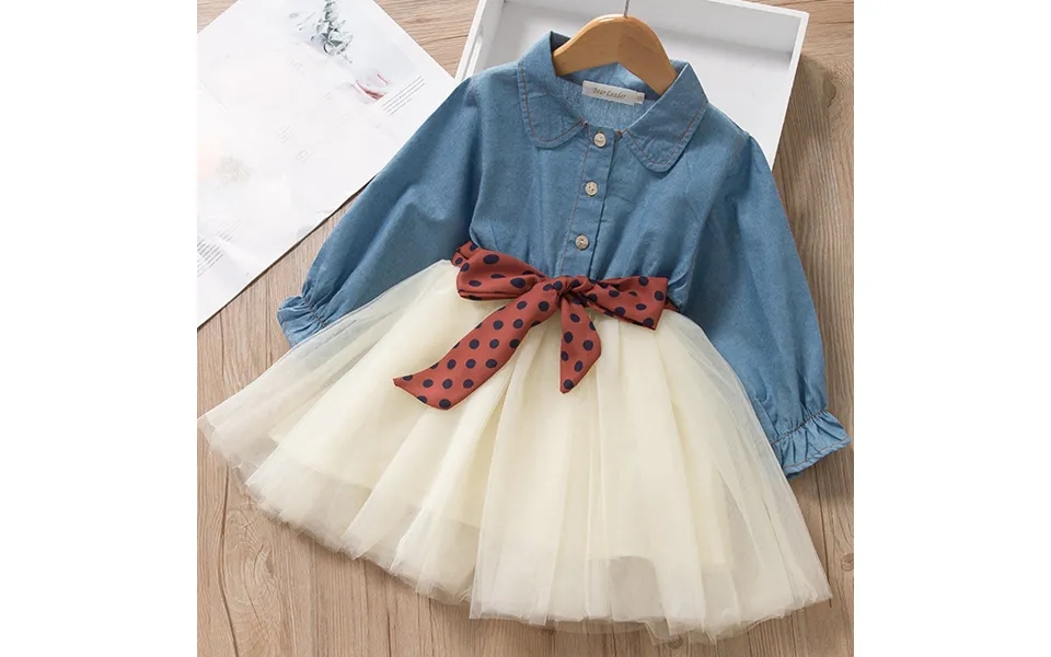 Fake Two Dresses For Girls Fashion Long Sleeve Denim Skirt Polka Dot Belt Skirt
