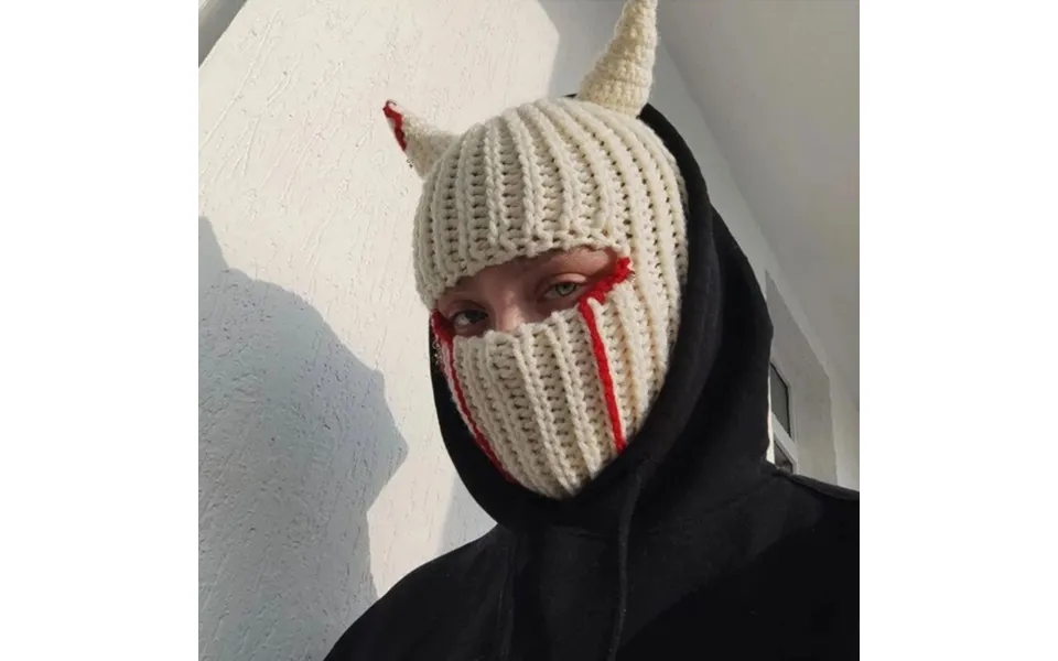 Halloween Funny Horns Knitted Hat Beanies Warm Full Face Cover Ski Mask Hat Windproof Balaclava Hat For Outdoor Sport