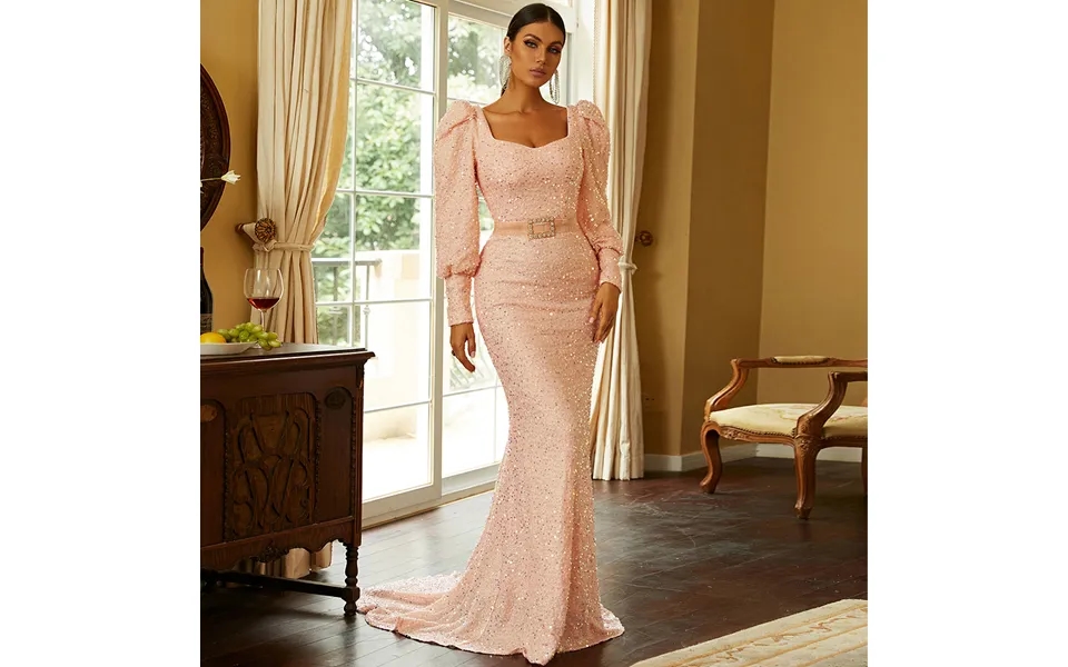 Women's Clothing Long-sleeved Temperament Sexy U-neck Sequins Long Toast Dress Evening Dress Bridesmaid Dress Female