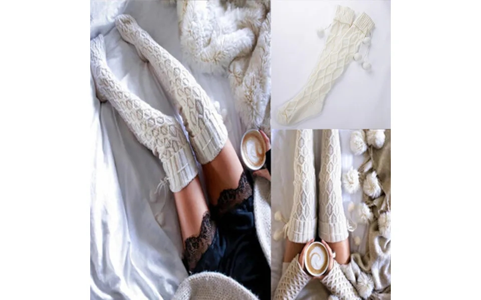 Women's Socks Popular Knitted Wool Socks For Women With Wool Balls Mid-length Knee-high Pile Socks White